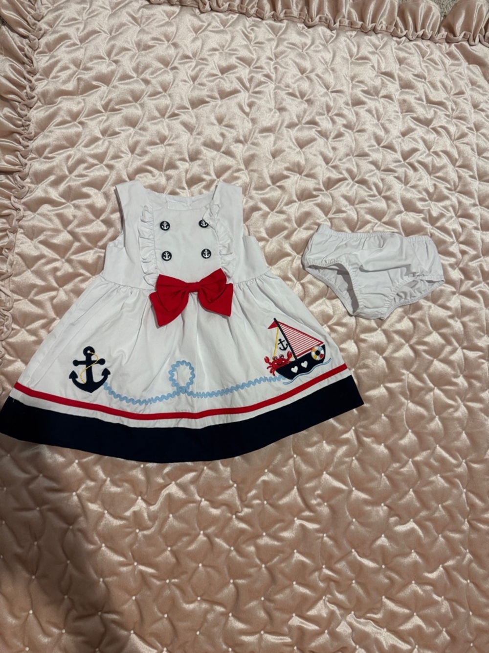Good Lad White Dress with Red Bow and Navy Trim